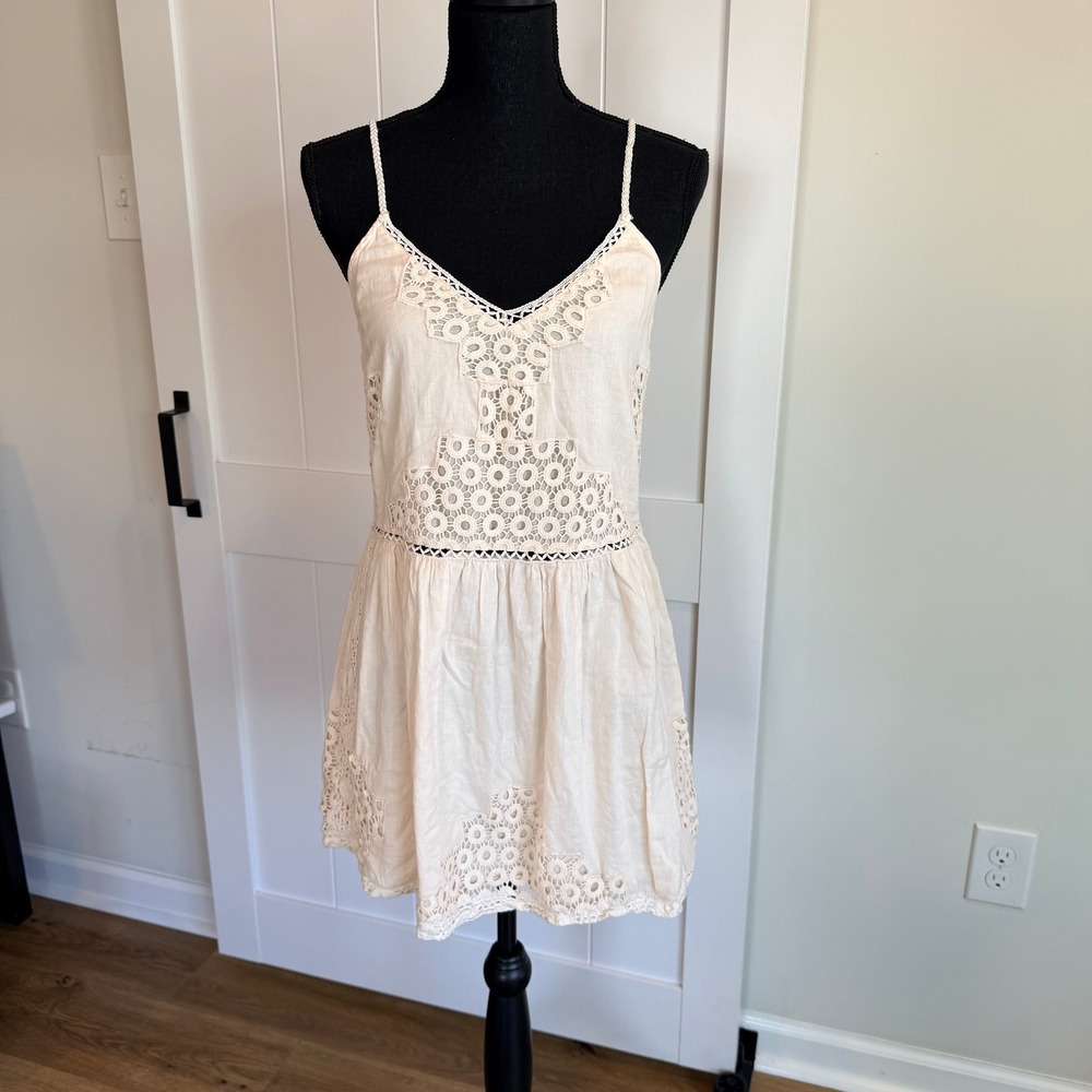 Tularosa Cream Cotton Crochet Lace Mini Dress Tunic Small Boho Sleeveless Cream‎